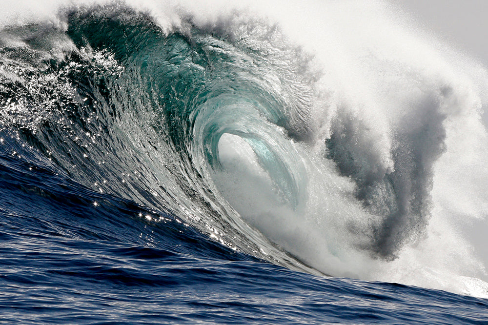 Large backlit ocean wave with white foam curling over itself